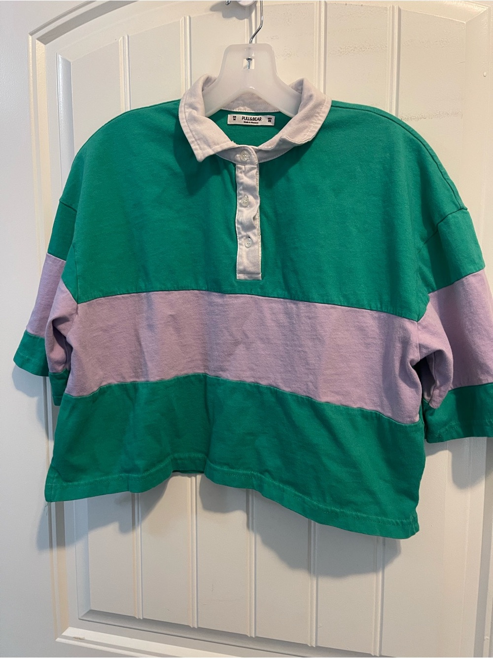 PULL&BEAR Green and Lavender Colorblock Rugby Polo - Women’s Cropped Boxy Chunky